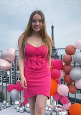 Pink Corset Mini Dress with Rhinestone Fringe Straps – Back Zipper Party Dress
